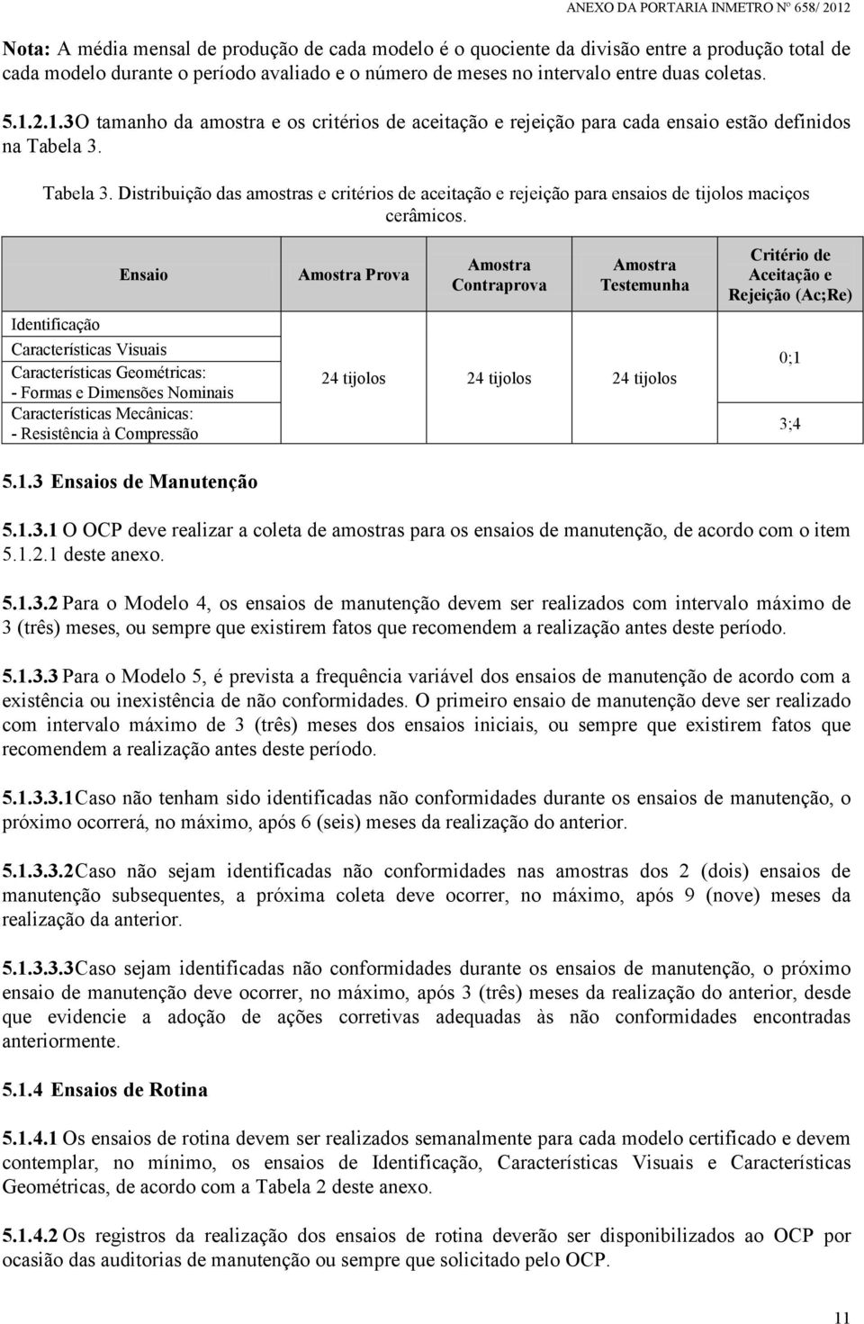 Tabela 3. Distribuição das amostras e critérios de aceitação e rejeição para ensaios de tijolos maciços cerâmicos.