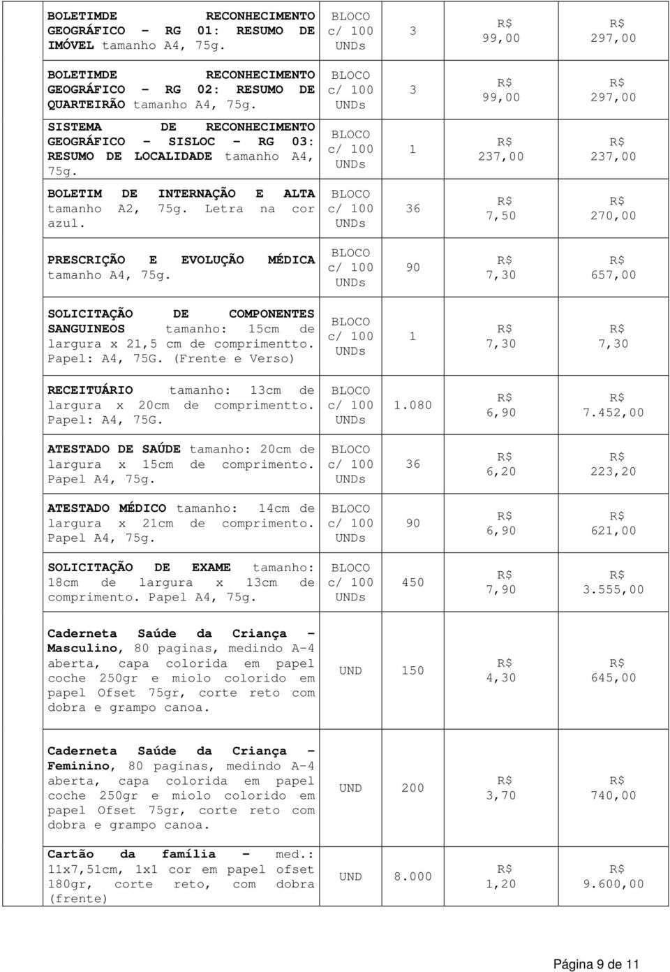 36 7,0 270,00 PRESCRIÇÃO E EVOLUÇÃO MÉDICA tamanho A4, 7g. 90 7,30 67,00 SOLICITAÇÃO DE COMPONENTES SANGUINEOS tamanho: 1cm de largura x 21, cm de comprimentto. Papel: A4, 7G.