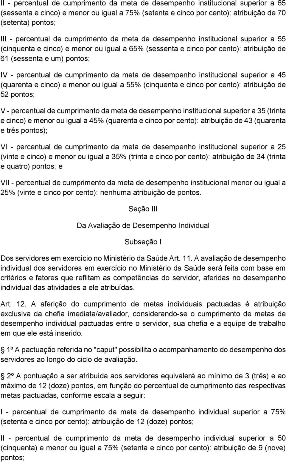 percentual de cumprimento da meta de desempenho institucional superior a 45 (quarenta e cinco) e menor ou igual a 55% (cinquenta e cinco por cento): atribuição de 52 pontos; V - percentual de