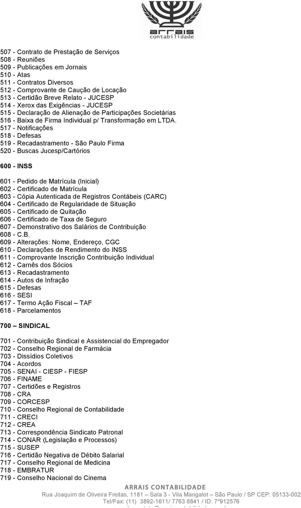 517 - Notificações 518 - Defesas 519 - Recadastramento - São Paulo Firma 520 - Buscas Jucesp/Cartórios 600 - INSS 601 - Pedido de Matrícula (Inicial) 602 - Certificado de Matrícula 603 - Cópia