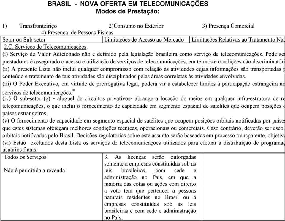 atividades cujas informações são transportadas p (iii) O Poder Executivo, em virtude de prerrogativa legal, poderá vir a estabelecer limites à participação estrangeira no (iv) O sub-setor (g) -