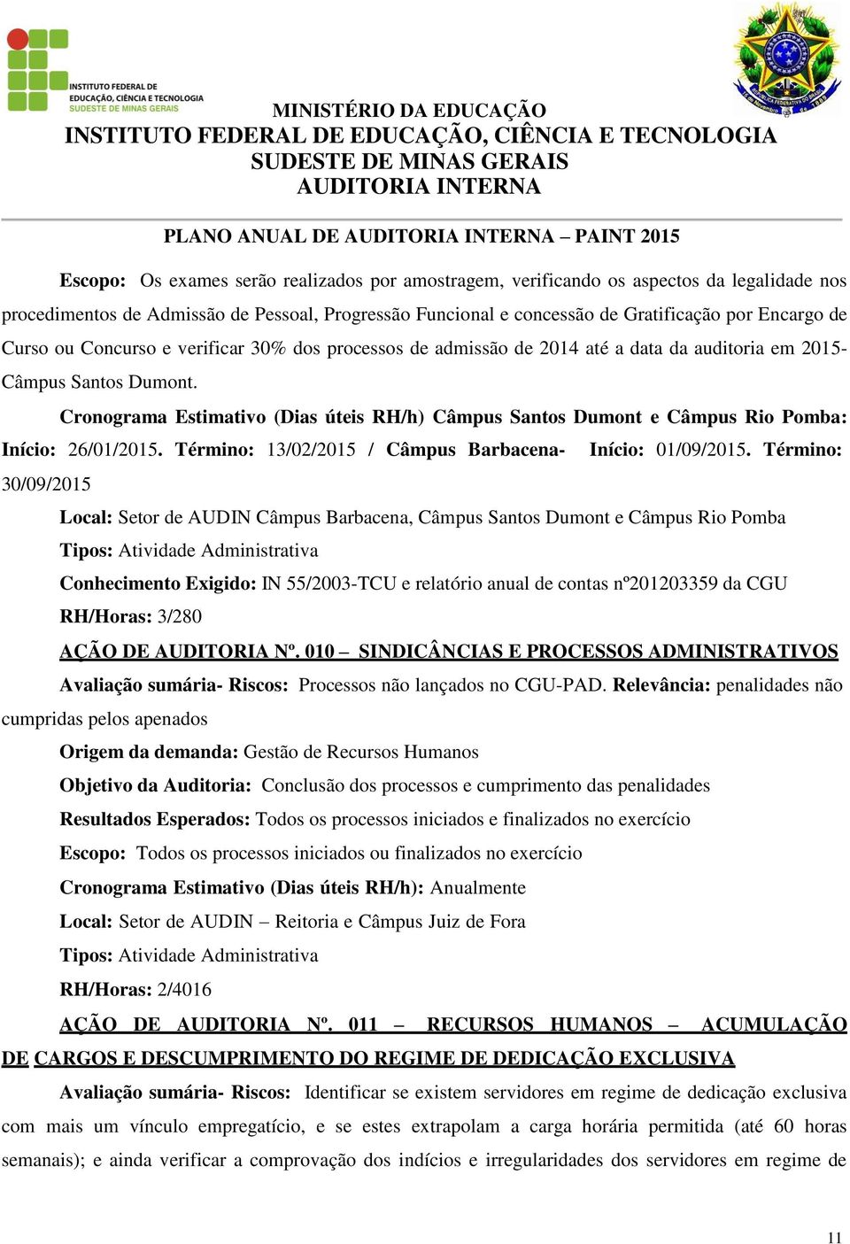 Cronograma Estimativo (Dias úteis RH/h) Câmpus Santos Dumont e Câmpus Rio Pomba: Início: 26/01/2015. Término: 13/02/2015 / Câmpus Barbacena- 30/09/2015 Início: 01/09/2015.