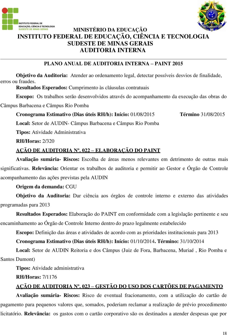 Estimativo (Dias úteis RH/h): Início: 01/08/2015 Término 31/08/2015 Local: Setor de AUDIN- Câmpus Barbacena e Câmpus Rio Pomba RH/Horas: 2/320 AÇÃO DE AUDITORIA Nº.