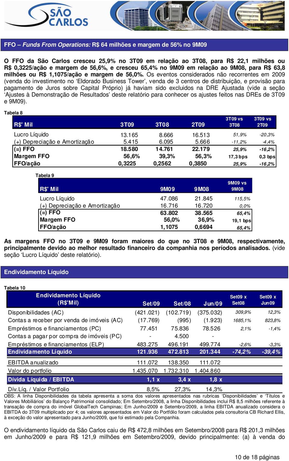 Os eventos considerados não recorrentes em 2009 (venda do investimento no Eldorado Business Tower, venda de 3 centros de distribuição, e provisão para pagamento de Juros sobre Capital Próprio) já