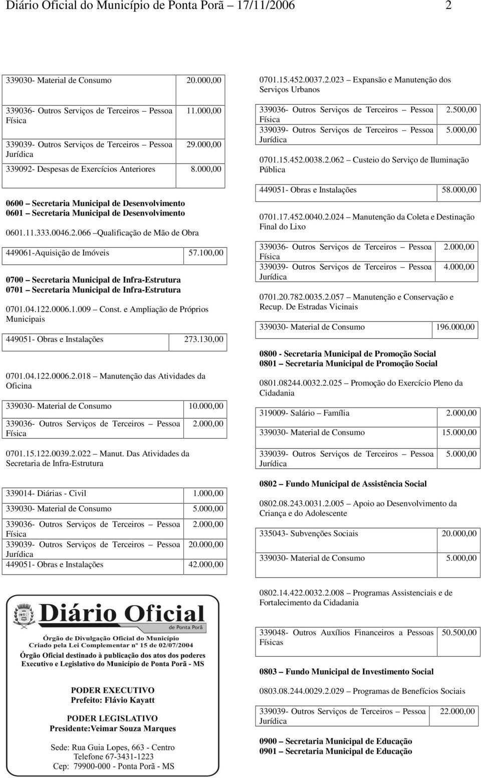 100,00 0700 Secretaria Municipal de Infra-Estrutura 07 Secretaria Municipal de Infra-Estrutura 07.04.122.0006.1.009 Const. e Ampliação de Próprios Municipais 449051- Obras e Instalações 273.130,00 07.