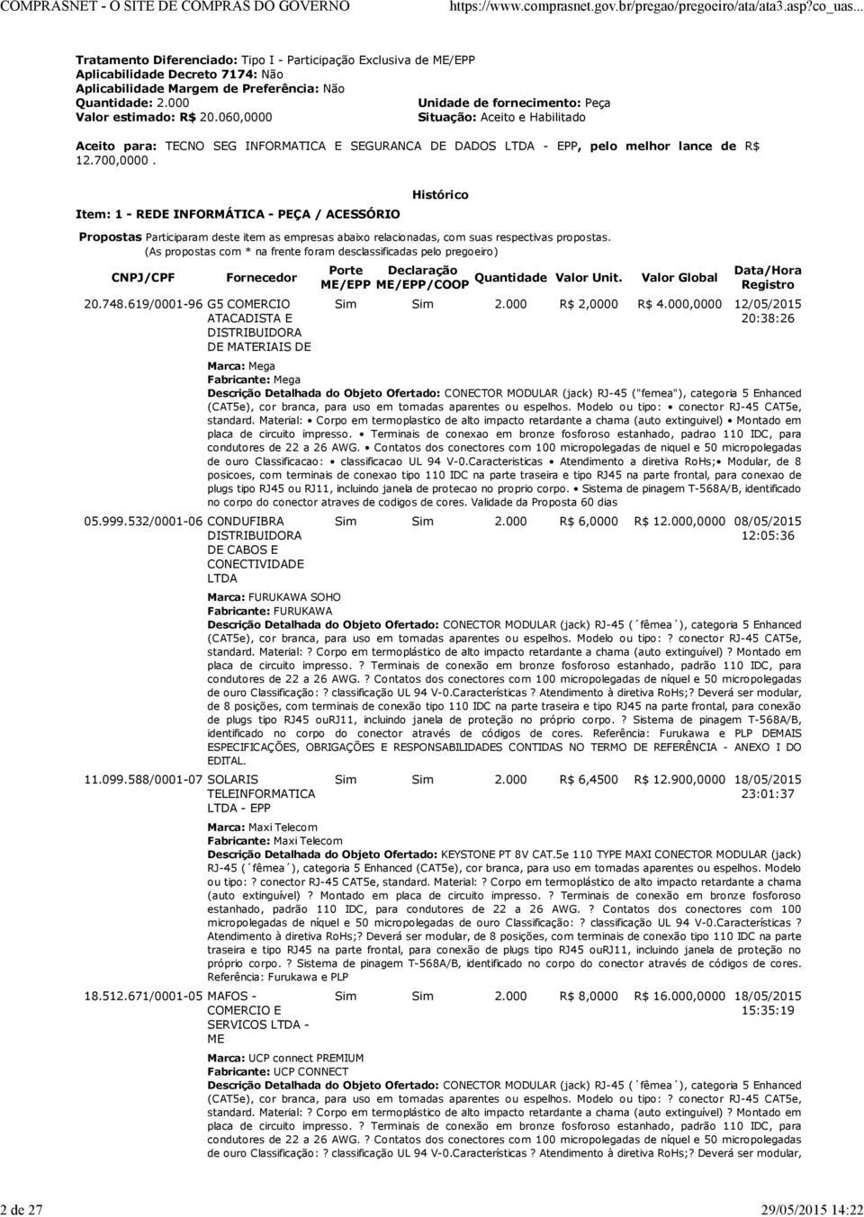 Item: 1 - REDE INFORMÁTICA - PEÇA / ACESSÓRIO Histórico Propostas Participaram deste item as empresas abaixo relacionadas, com suas respectivas propostas.