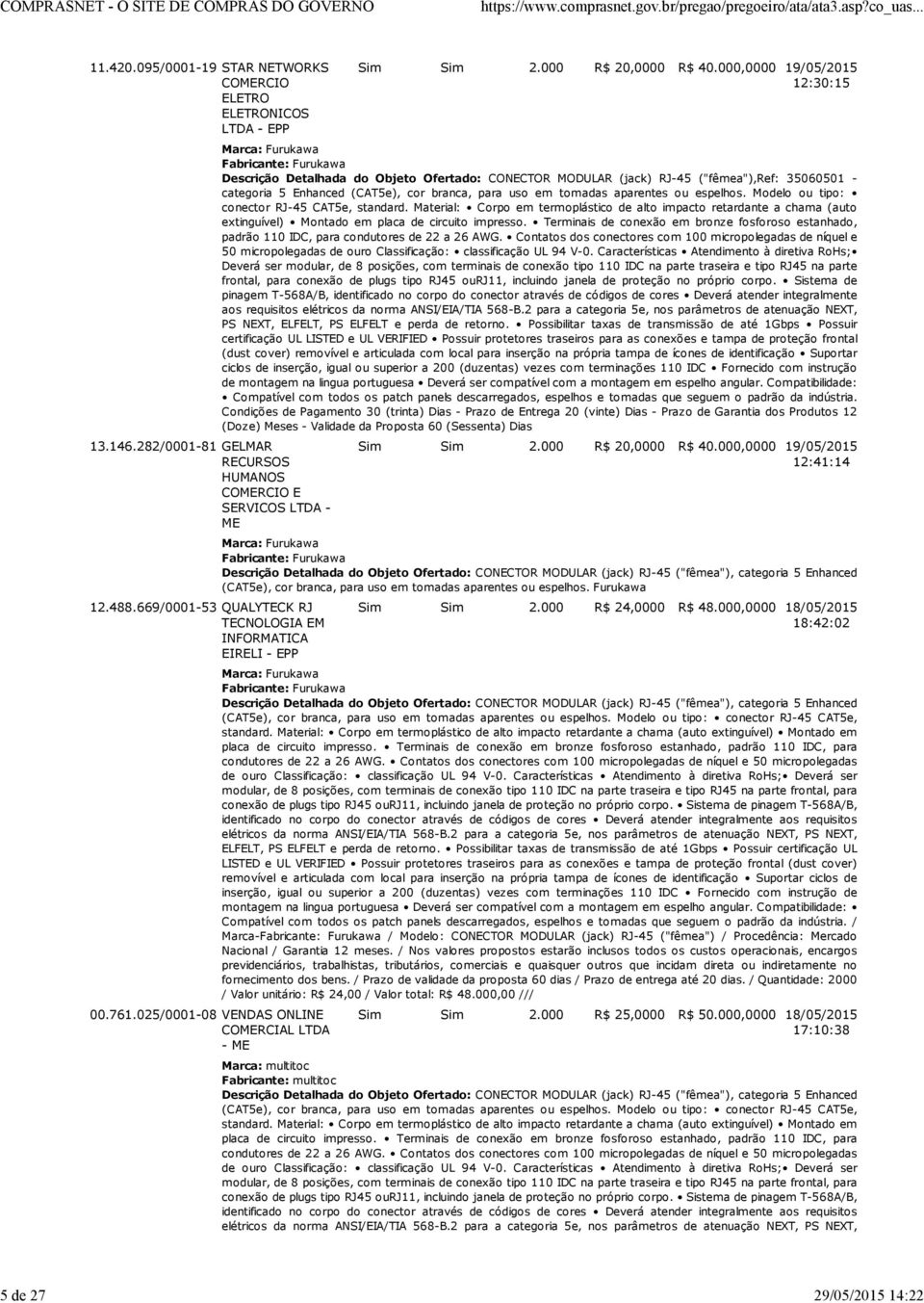 000,0000 19/05/2015 12:30:15 Descrição Detalhada do Objeto Ofertado: CONECTOR MODULAR (jack) RJ-45 ("fêmea"),ref: 35060501 - categoria 5 Enhanced (CAT5e), cor branca, para uso em tomadas aparentes ou