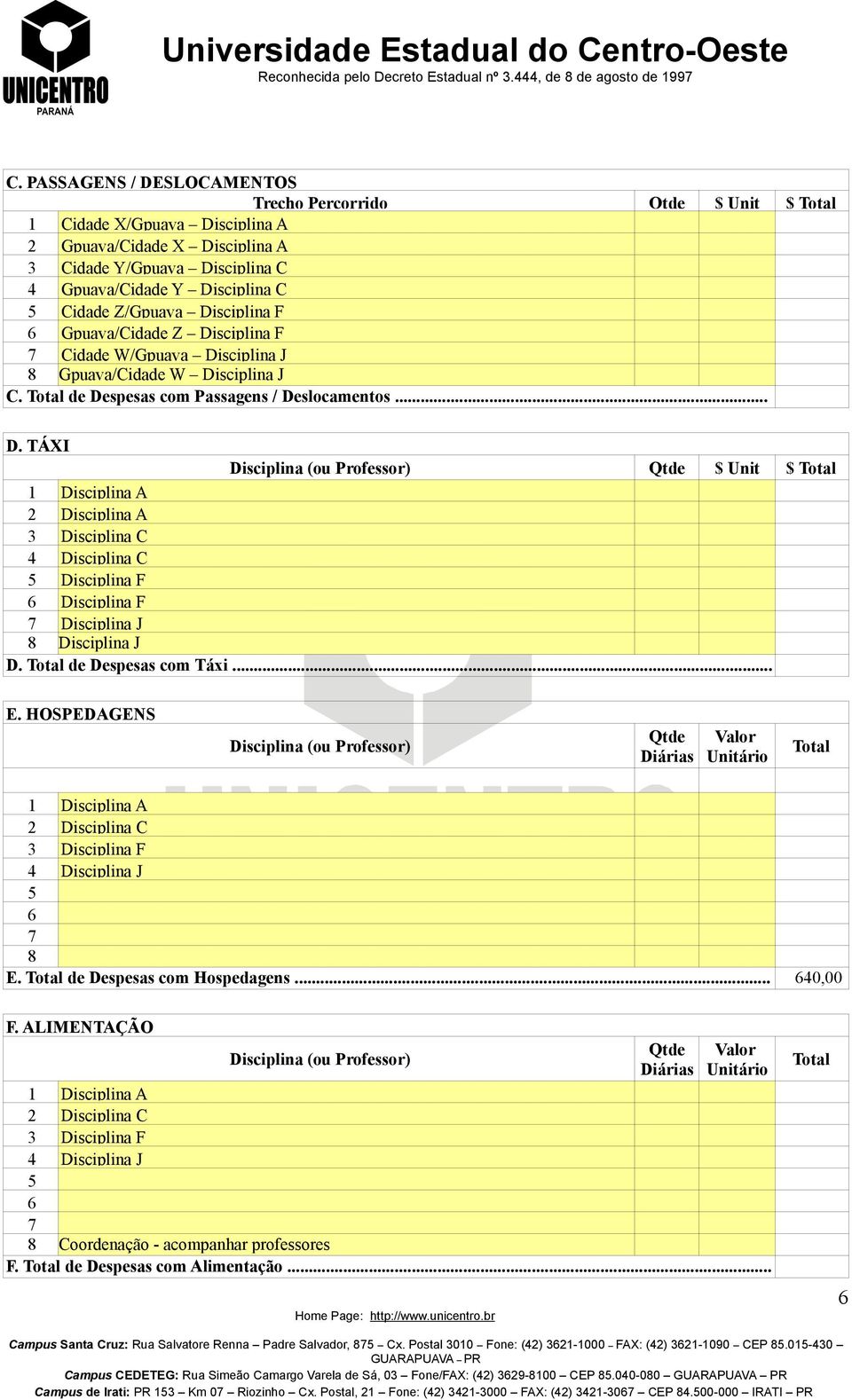 de Despesas com Táxi... E. HOSPEDAGENS Disciplina (ou Professor) Qtde Diárias 1 Disciplina A 2 Disciplina C 3 Disciplina F 4 Disciplina J 5 6 7 8 E. de Despesas com Hospedagens... 640,00 F.