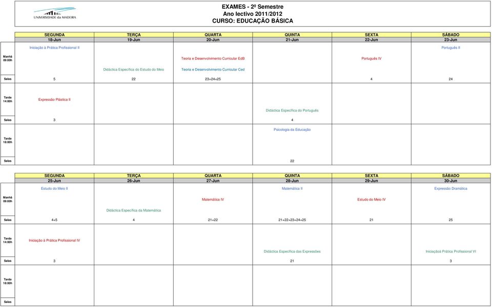 3 4 Psicologia da Educação 22 Estudo do Meio II Matemática II Expressão Dramática Matemática IV Estudo do Meio IV Didáctica Específica da