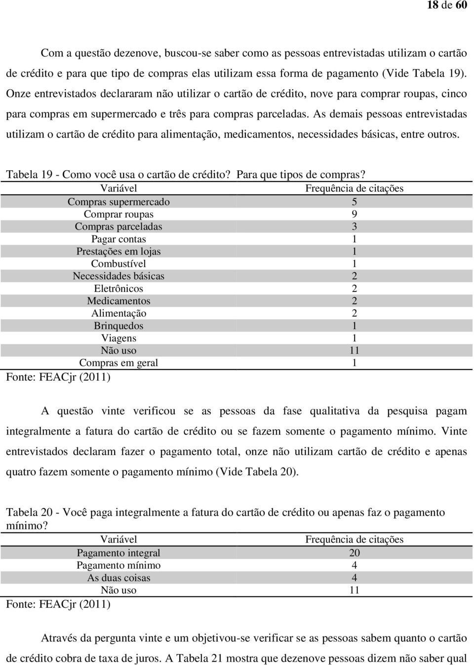 As demais pessoas entrevistadas utilizam o cartão de crédito para alimentação, medicamentos, necessidades básicas, entre outros. Tabela 19 - Como você usa o cartão de crédito?