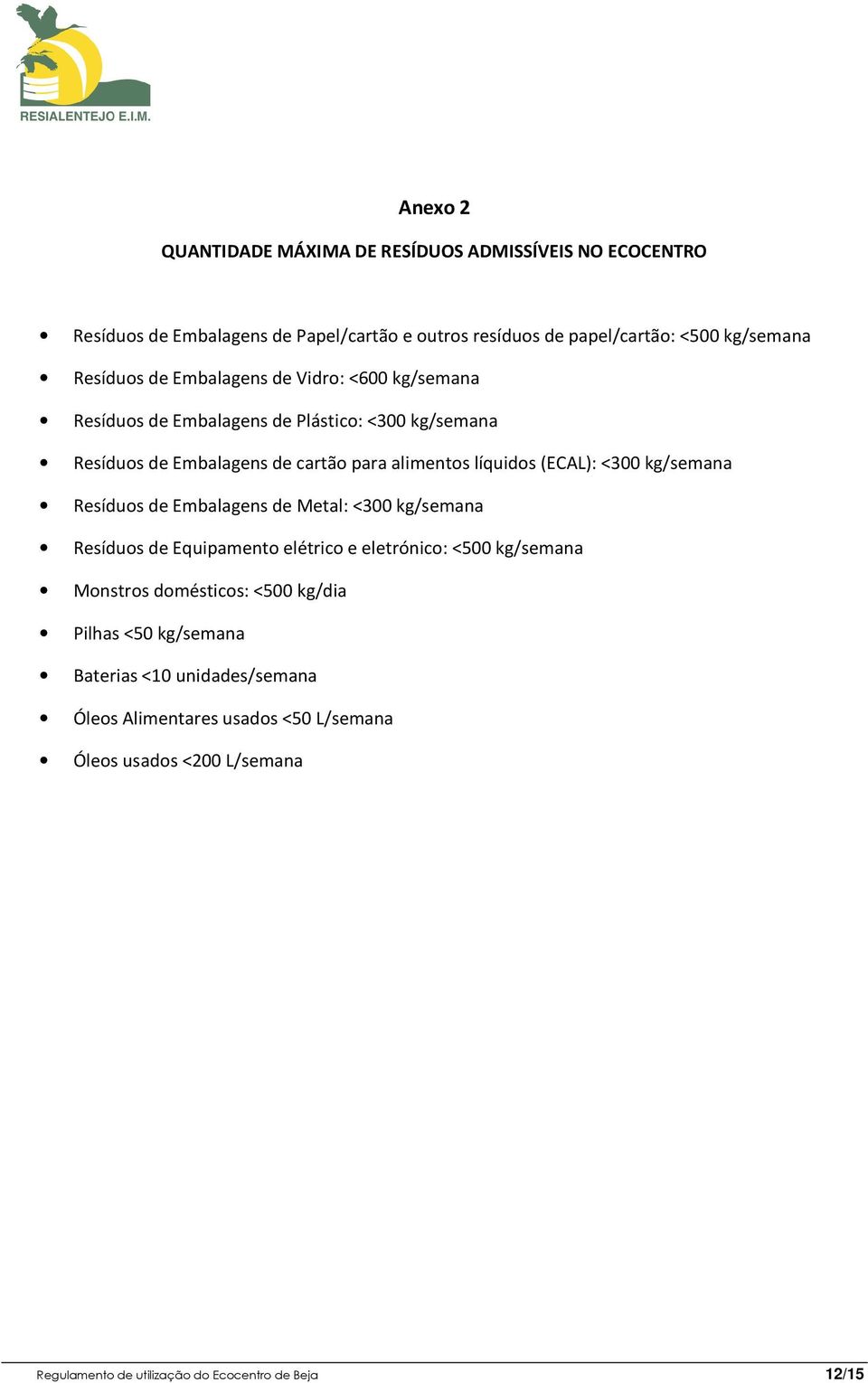 kg/semana Resíduos de Embalagens de Metal: <300 kg/semana Resíduos de Equipamento elétrico e eletrónico: <500 kg/semana Monstros domésticos: <500 kg/dia Pilhas