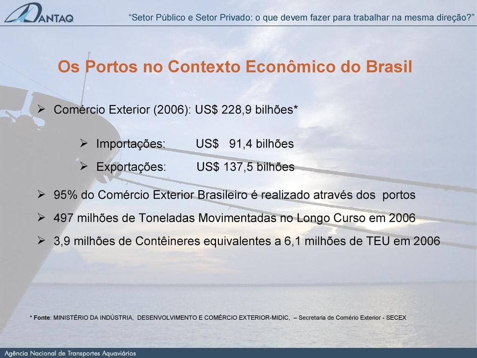 milhões de Toneladas Movimentadas no Longo Curso em 2006 3,9 milhões de Contêineres equivalentes a 6,1 milhões de