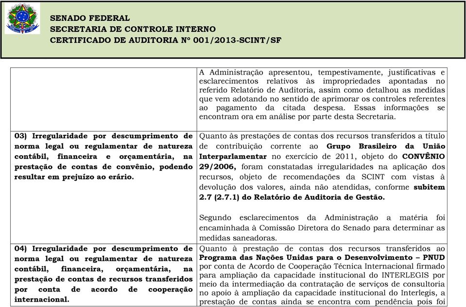 03) Irregularidade por descumprimento de norma legal ou regulamentar de natureza contábil, financeira e orçamentária, na prestação de contas de convênio, podendo resultar em prejuízo ao erário.