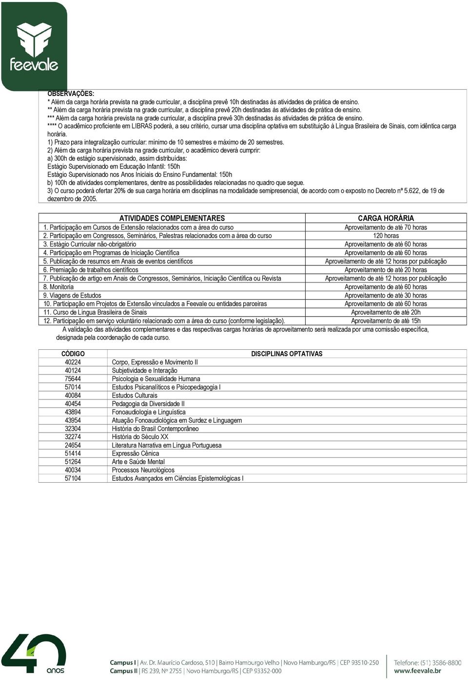 *** Além da carga horária prevista na grade curricular, a disciplina prevê 30h destinadas às atividades de prática de ensino.