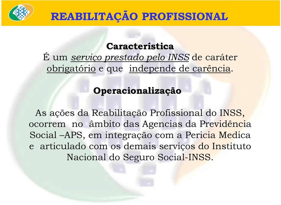 Operacionalização As ações da Reabilitação Profissional do INSS, ocorrem no âmbito das