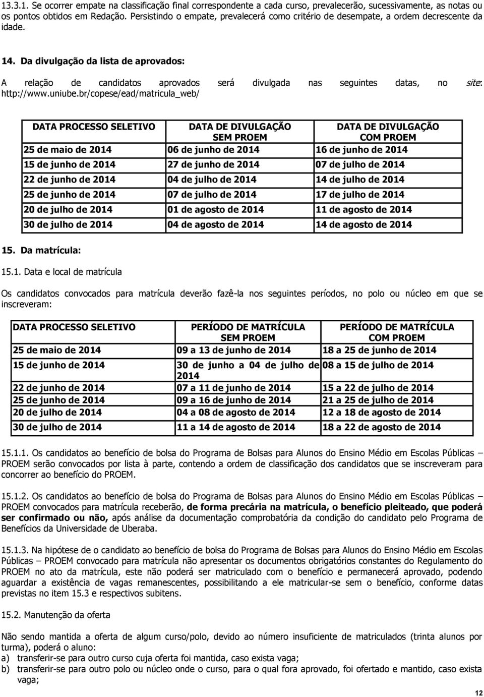 Da divulgação da lista de aprovados: A relação de candidatos aprovados será divulgada nas seguintes datas, no site: http://www.uniube.