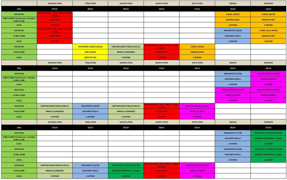 MACROECONOMIA (08/09) CONTABILIDADE PÚBLICA (08/11) ORÇAMENTO (14/20) CONTABILIDADE PÚBLICA (09/11) (17/18) MACROECONOMIA (05/09) 19:00-23:00h MARCEL GUIMARÃES MARCEL GUIMARÃES EQUIPE IGEPP Data