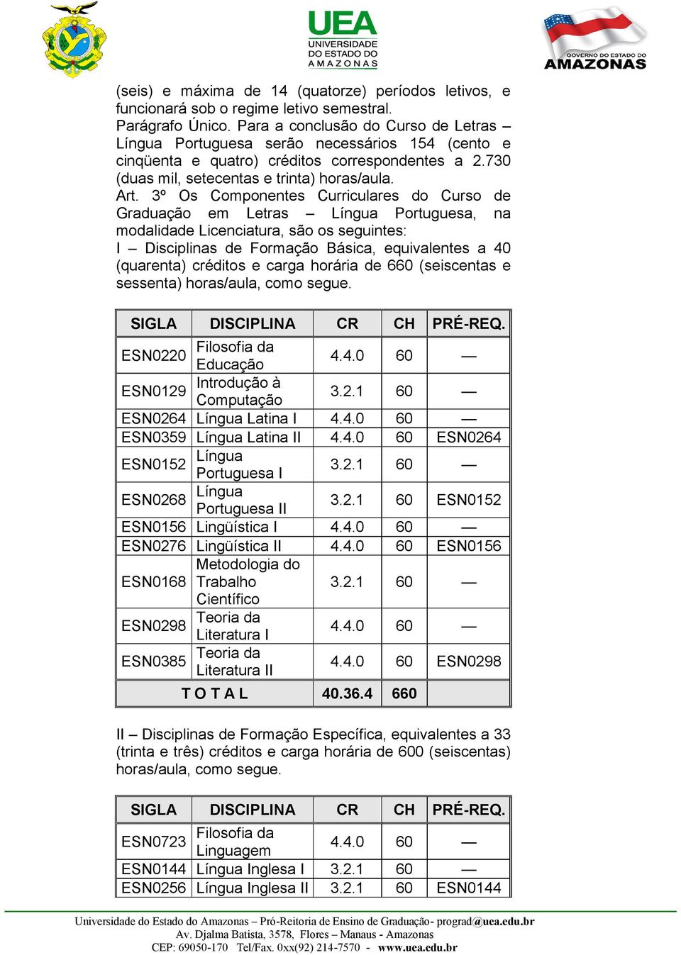 3º Os Componentes Curriculares do Curso de Graduação em Letras, na modalidade Licenciatura, são os seguintes: I Disciplinas de Formação Básica, equivalentes a 40 (quarenta) créditos e carga horária