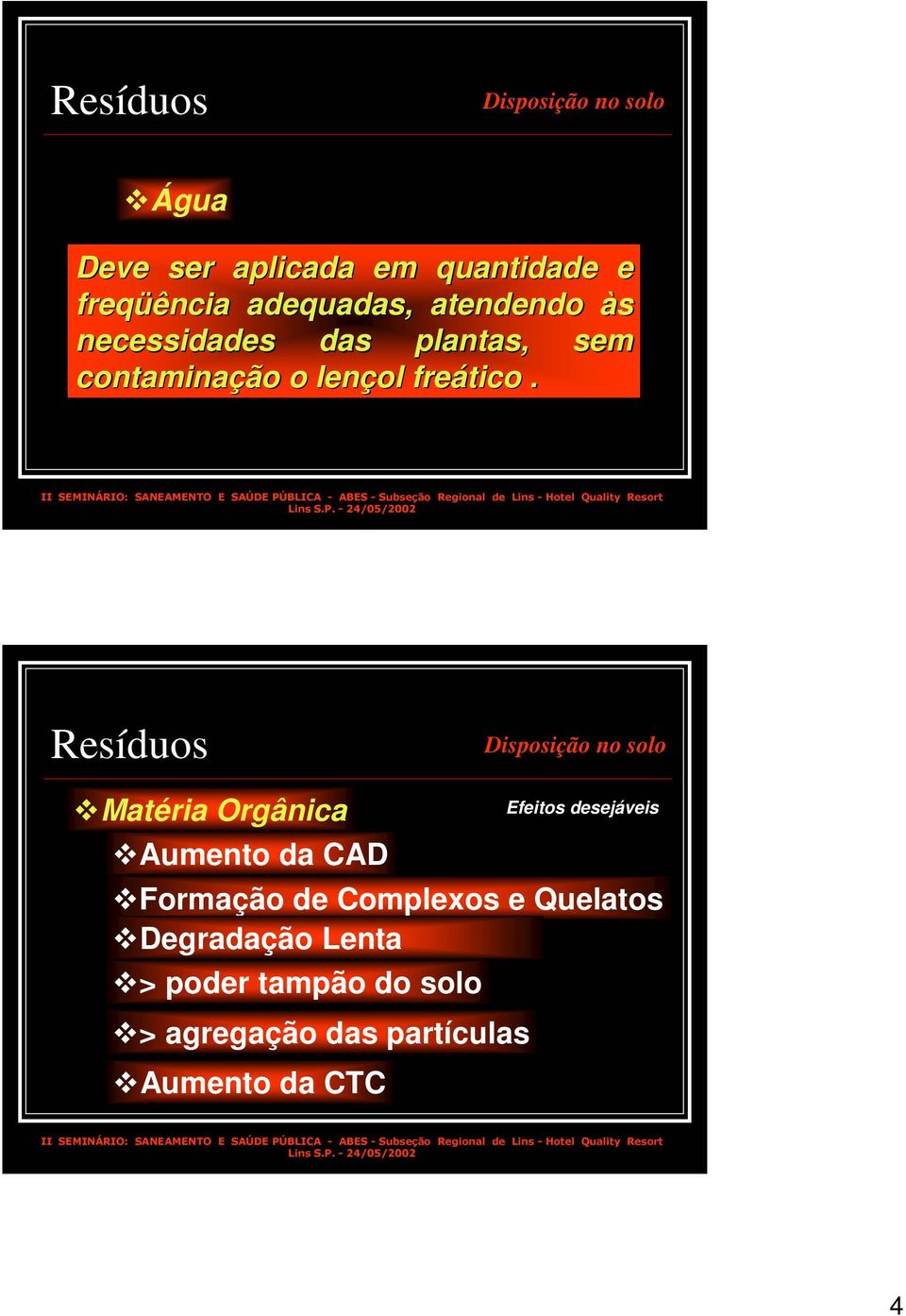 Resíduos Disposição no solo Matéria Orgânica Aumento da CAD Efeitos desejáveis Formação