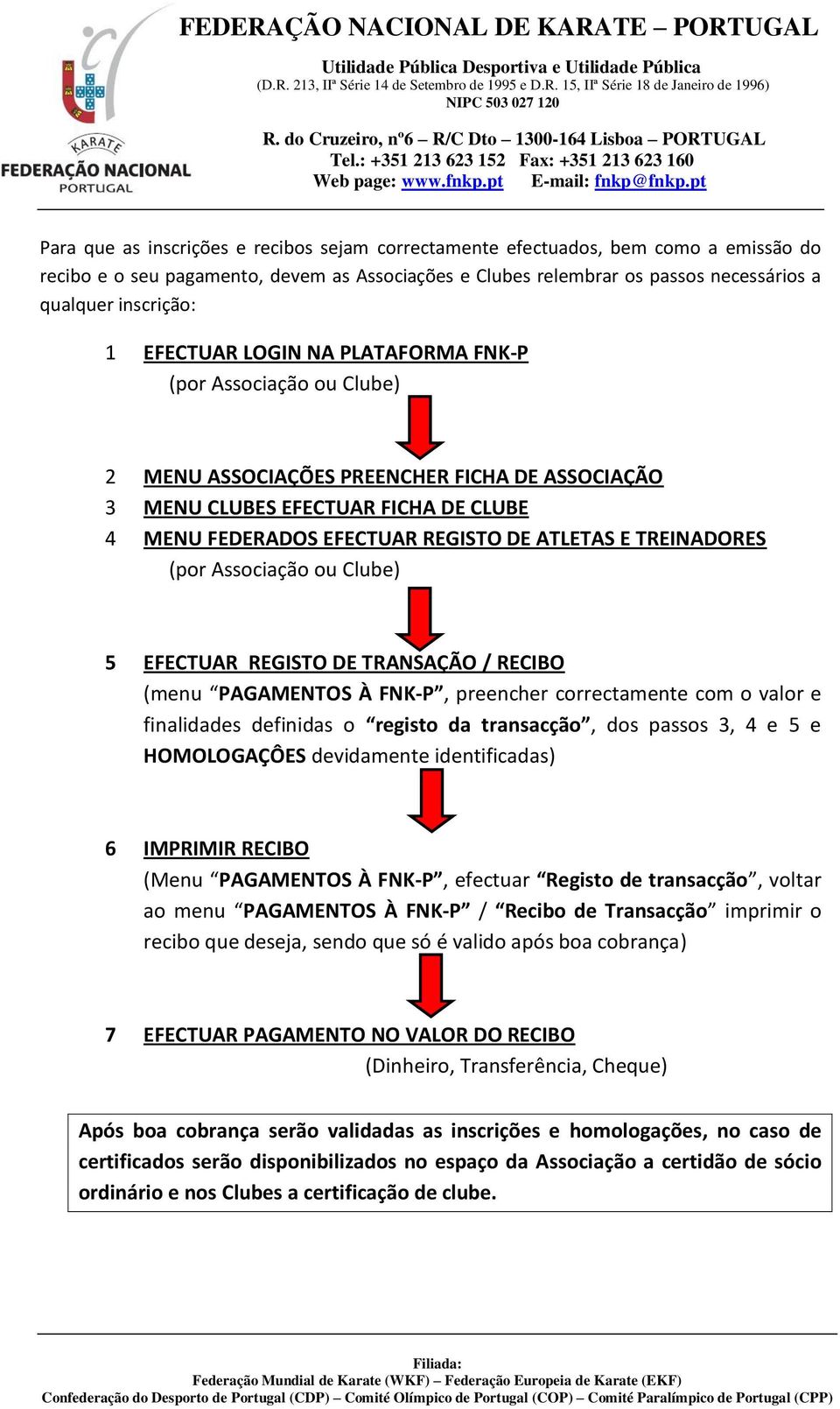 TREINADORES (por Associação ou Clube) 5 EFECTUAR REGISTO DE TRANSAÇÃO / RECIBO (menu PAGAMENTOS À FNK-P, preencher correctamente com o valor e finalidades definidas o registo da transacção, dos