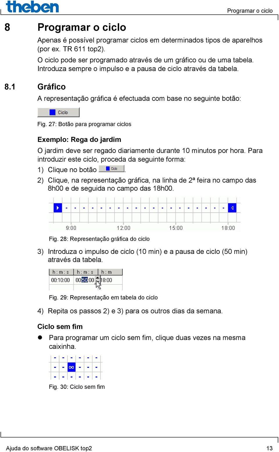 27: Botão para programar ciclos Exemplo: Rega do jardim O jardim deve ser regado diariamente durante 10 minutos por hora. Para introduzir este ciclo, proceda da seguinte forma: 1) Clique no botão.