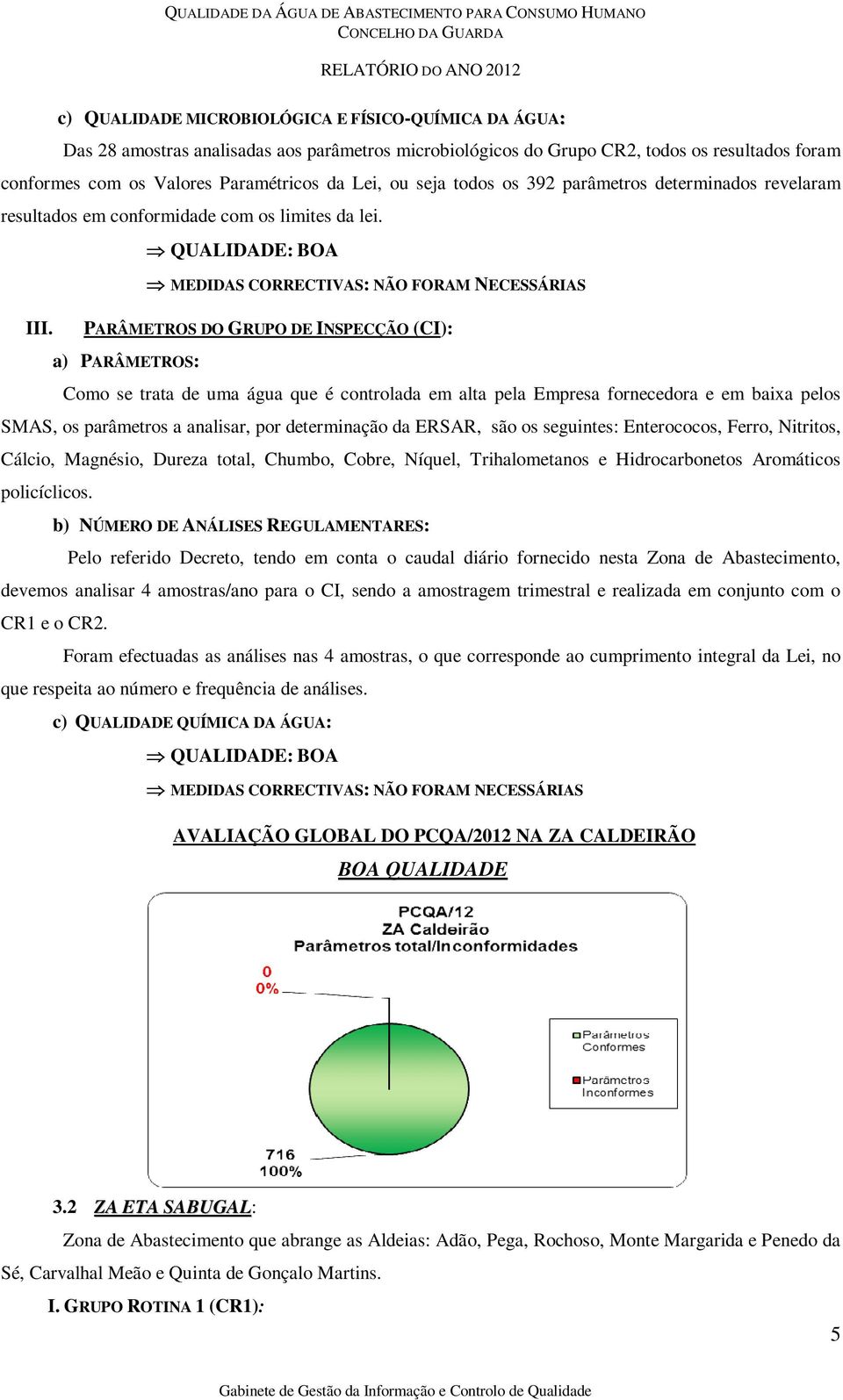 PARÂMETROS DO GRUPO DE INSPECÇÃO (CI): a) PARÂMETROS: Como se trata de uma água que é controlada em alta pela Empresa fornecedora e em baixa pelos SMAS, os parâmetros a analisar, por determinação da