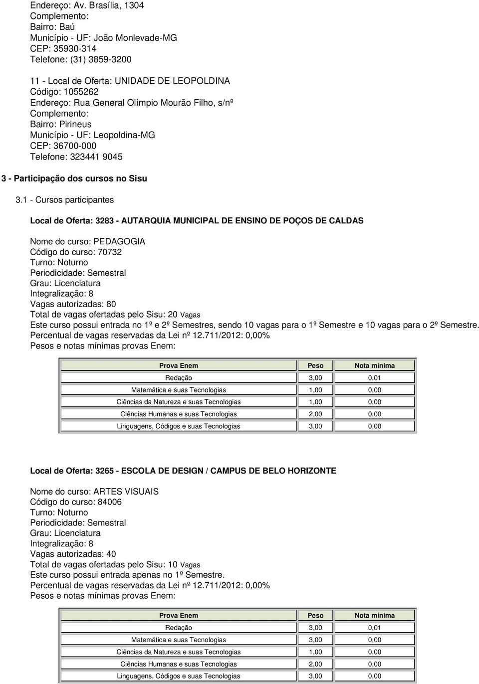 Filho, s/nº Bairro: Pirineus Município - UF: Leopoldina-MG CEP: 36700-000 Telefone: 323441 9045 3 - Participação dos cursos no Sisu 3.