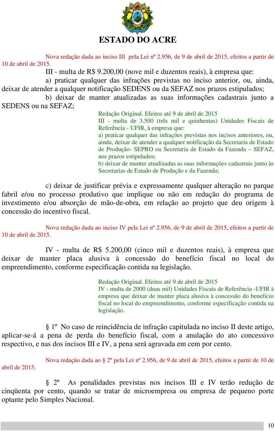 estipulados; b) deixar de manter atualizadas as suas informações cadastrais junto a SEDENS ou na SEFAZ; III - multa de 3.