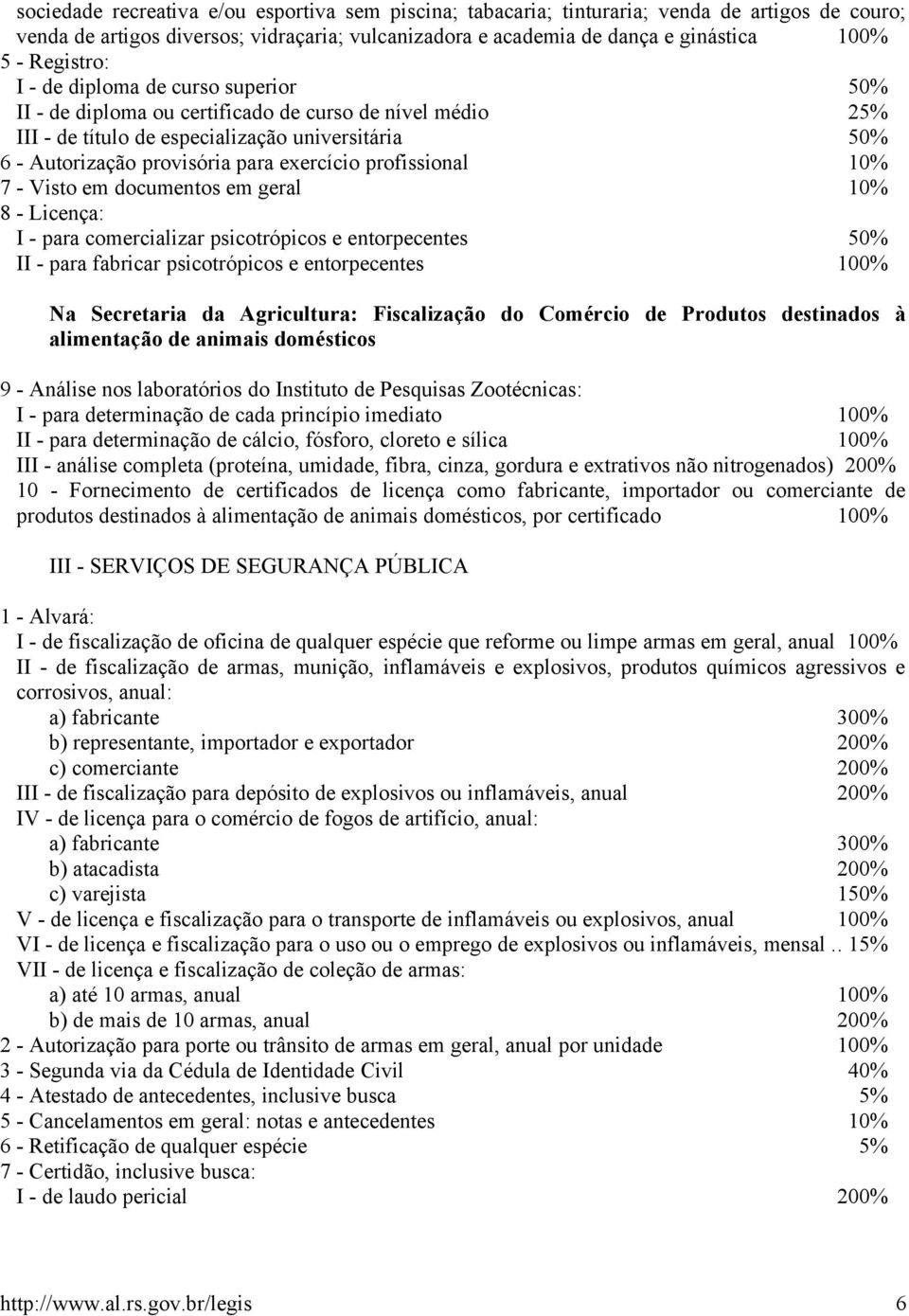 profissional 10% 7 - Visto em documentos em geral 10% 8 - Licença: I - para comercializar psicotrópicos e entorpecentes 50% II - para fabricar psicotrópicos e entorpecentes 100% Na Secretaria da