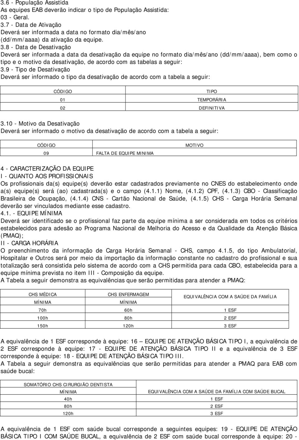 8 - Data de Desativação Deverá ser informada a data da desativação da equipe no formato dia/mês/ano (dd/mm/aaaa), bem como o tipo e o motivo da desativação, de acordo com as tabelas a seguir: 3.