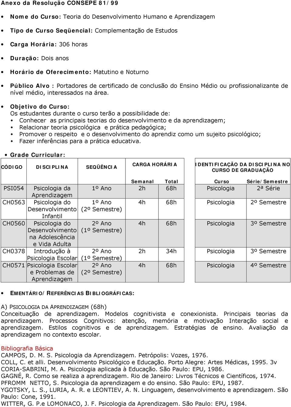 Objetivo do Curso: Os estudantes durante o curso terão a possibilidade de: Conhecer as principais teorias do desenvolvimento e da aprendizagem; Relacionar teoria psicológica e prática pedagógica;