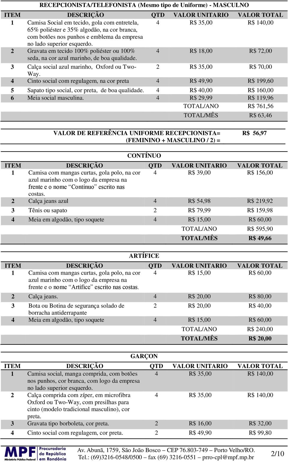 3 Calça social azul marinho, Oxford ou Two- 2 R$ 35,00 R$ 70,00 Way. 4 Cinto social com regulagem, na cor preta 4 R$ 49,90 R$ 199,60 5 Sapato tipo social, cor preta, de boa qualidade.