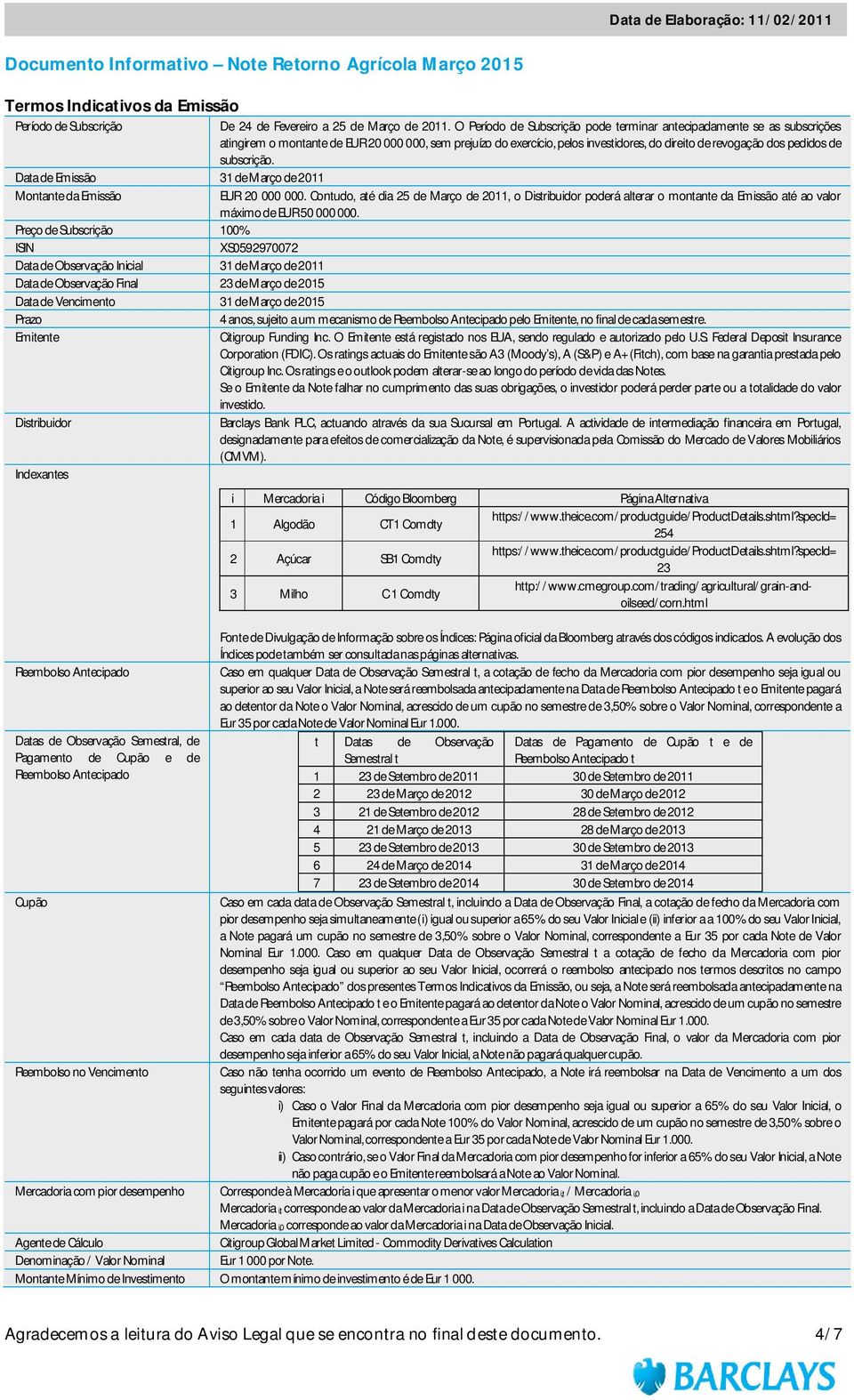 subscrição. Data de Emissão 31 de Março de 2011 Montante da Emissão EUR 20 000 000.