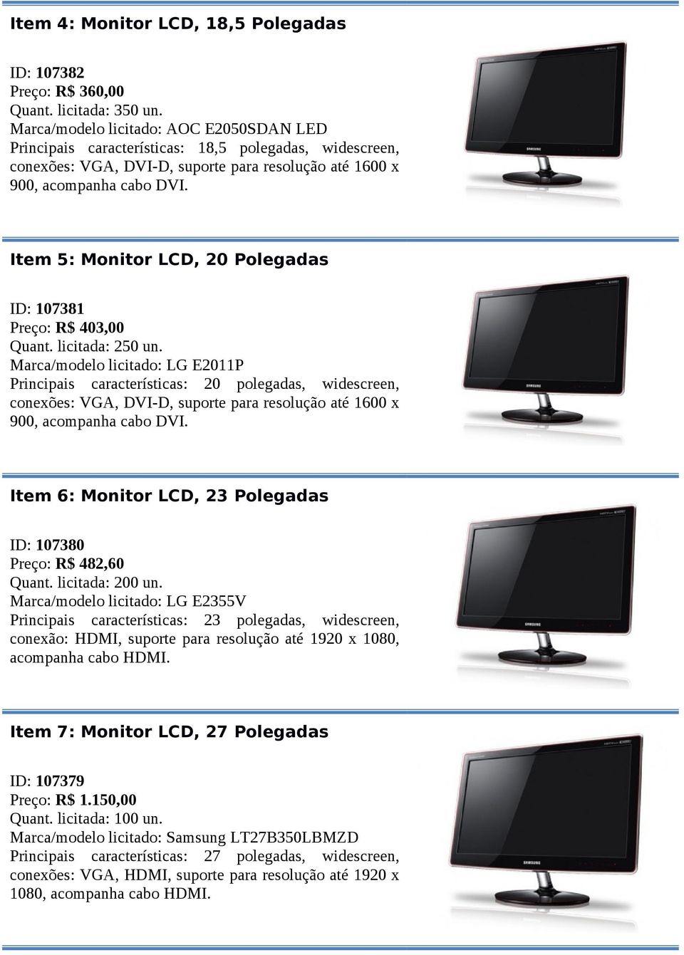 Item 5: Monitor LCD, 20 Polegadas ID: 107381 Preço: R$ 403,00 Quant. licitada: 250 un.