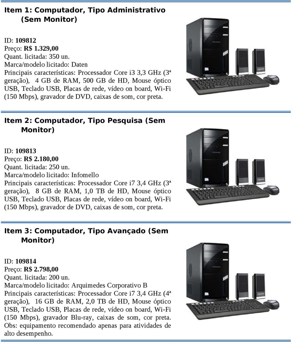 Mbps), gravador de DVD, caixas de som, cor preta. Item 2: Computador, Tipo Pesquisa (Sem Monitor) ID: 109813 Preço: R$ 2.180,00 Quant. licitada: 250 un.
