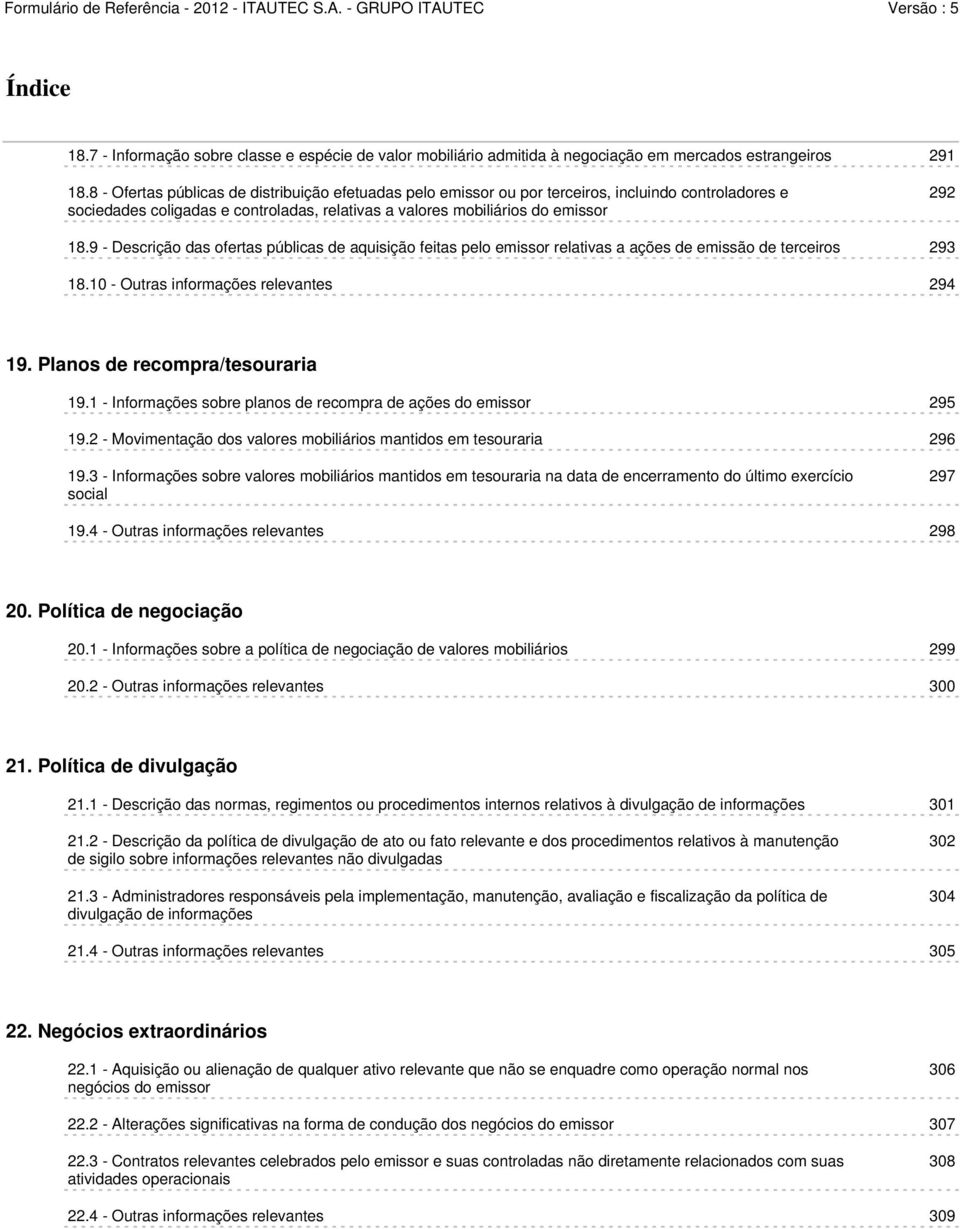 9 - Descrição das ofertas públicas de aquisição feitas pelo emissor relativas a ações de emissão de terceiros 293 18.10 - Outras informações relevantes 294 19. Planos de recompra/tesouraria 19.