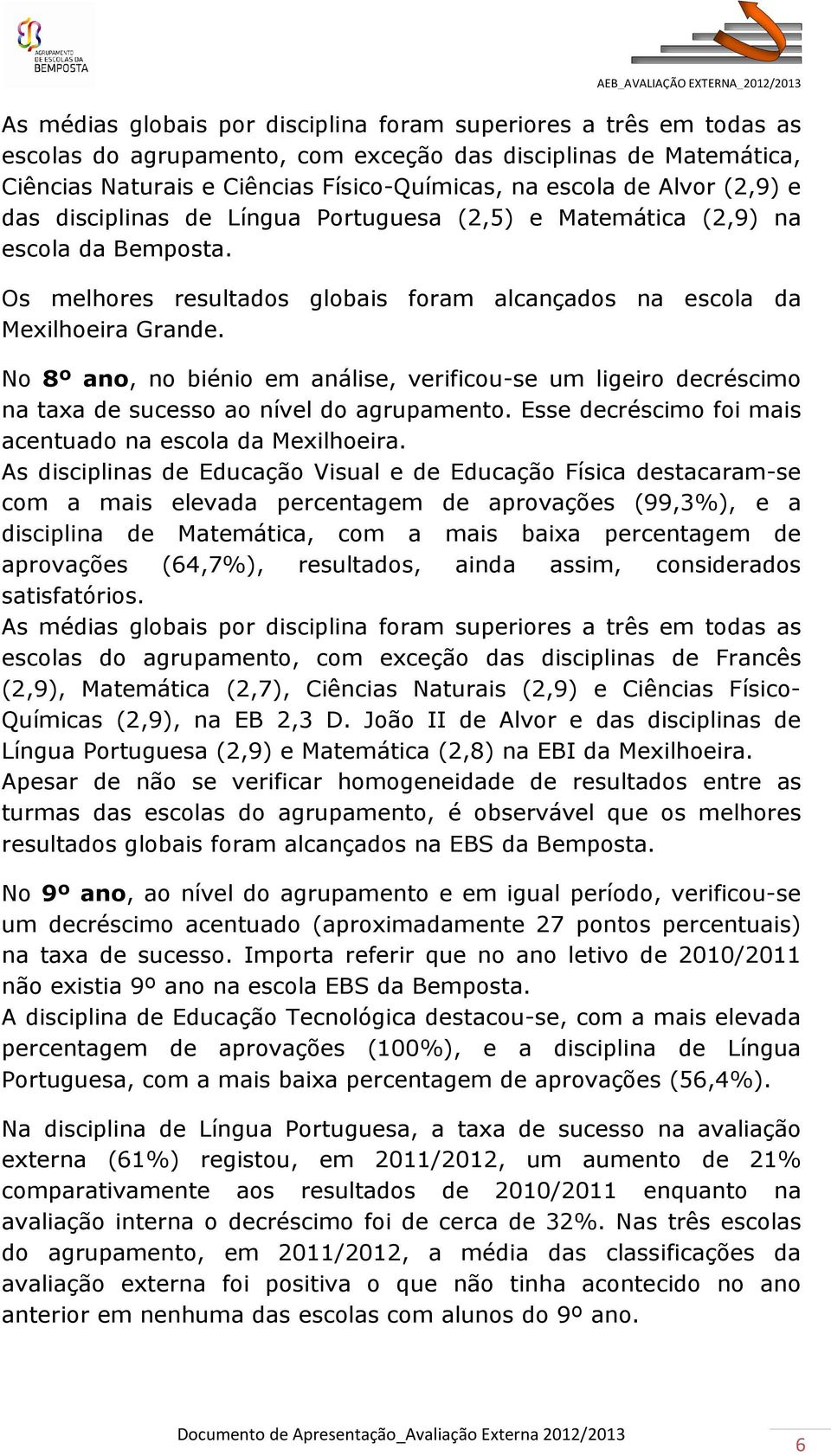 No 8º ano, no biénio em análise, verificou-se um ligeiro decréscimo na taxa de sucesso ao nível do agrupamento. Esse decréscimo foi mais acentuado na escola da Mexilhoeira.