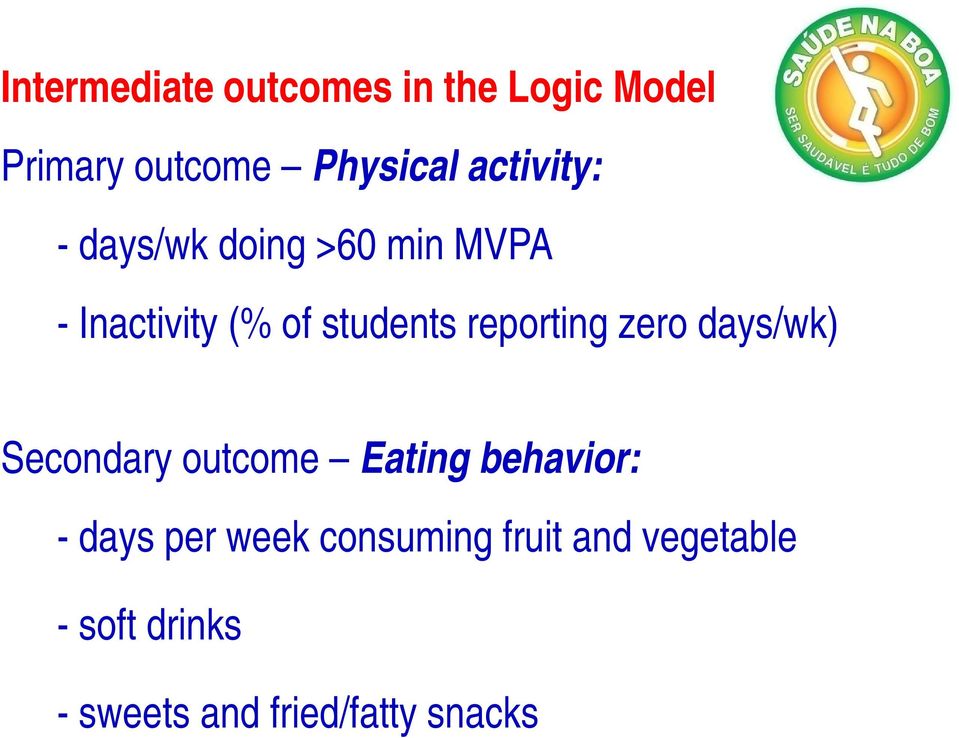 Secondary outcome Eating behavior: - days per week consuming fruit and
