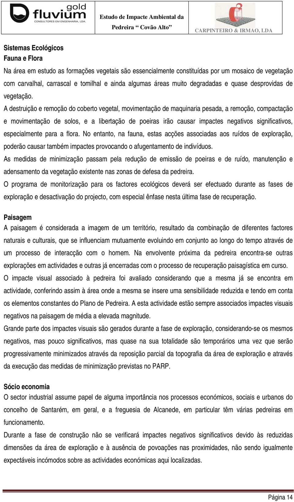 A destruição e remoção do coberto vegetal, movimentação de maquinaria pesada, a remoção, compactação e movimentação de solos, e a libertação de poeiras irão causar impactes negativos significativos,