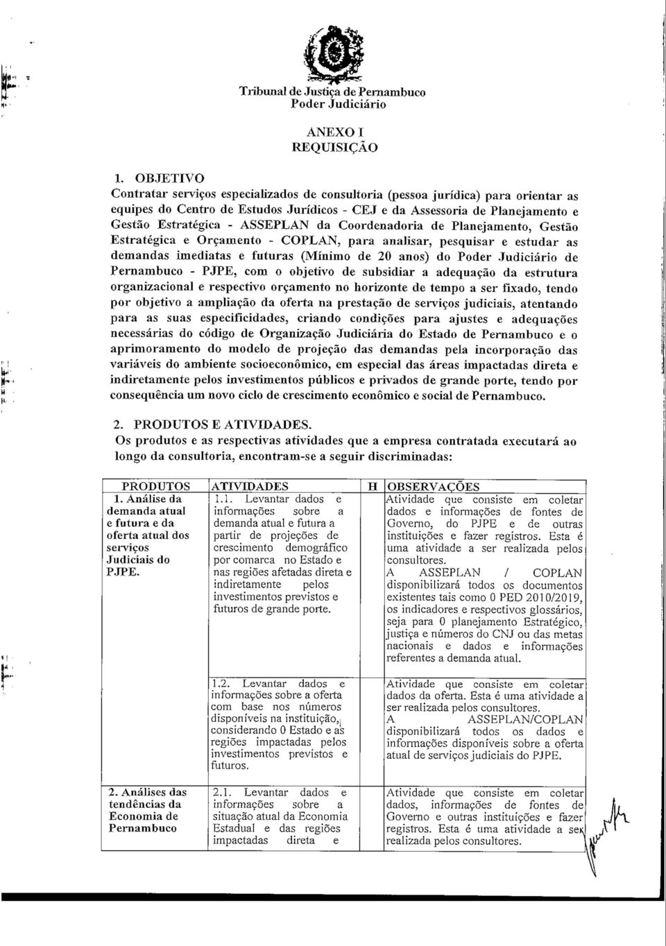 ASSEPLAN da Coordenadoria de Planejamento, Gestão Estratégica e Orçamento - COPLAN, para analisar, pesquisar e estudar as demandas imediatas e futuras (Mínimo de 20 anos) do de Pernambuco - PJPE, com