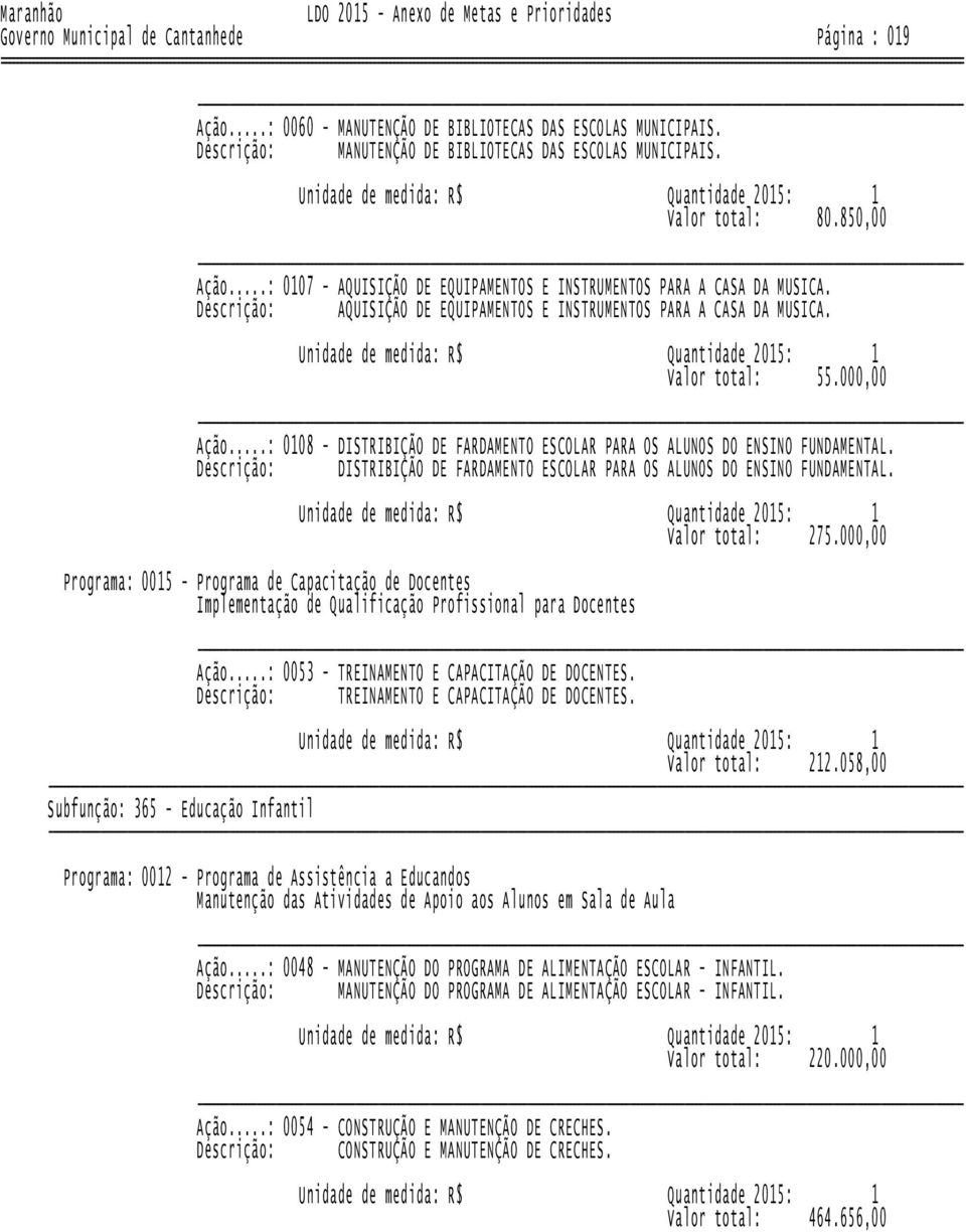 ..: 0108 - DISTRIBIÇÃO DE FARDAMENTO ESCOLAR PARA OS ALUNOS DO ENSINO FUNDAMENTAL. Descrição: DISTRIBIÇÃO DE FARDAMENTO ESCOLAR PARA OS ALUNOS DO ENSINO FUNDAMENTAL. Valor total: 275.