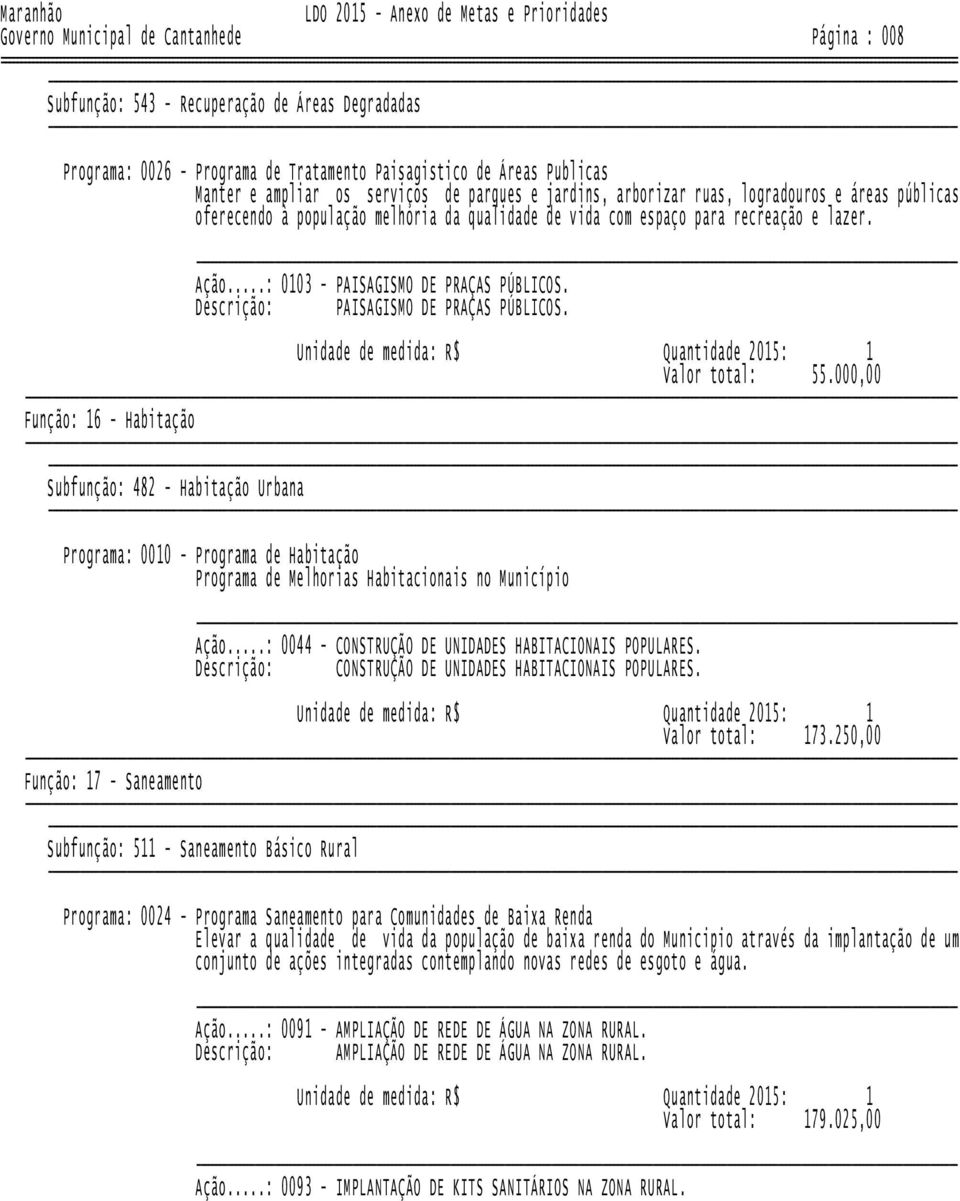 espaço para recreação e lazer. Ação...: 0103 - PAISAGISMO DE PRAÇAS PÚBLICOS. Descrição: PAISAGISMO DE PRAÇAS PÚBLICOS. Valor total: 55.