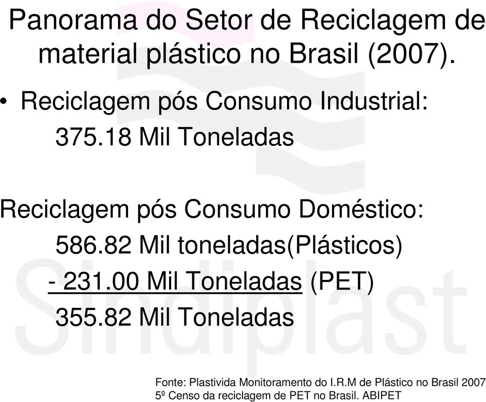 18 Mil Toneladas Reciclagem pós Consumo Doméstico: 586.82 Mil toneladas(plásticos) - 231.