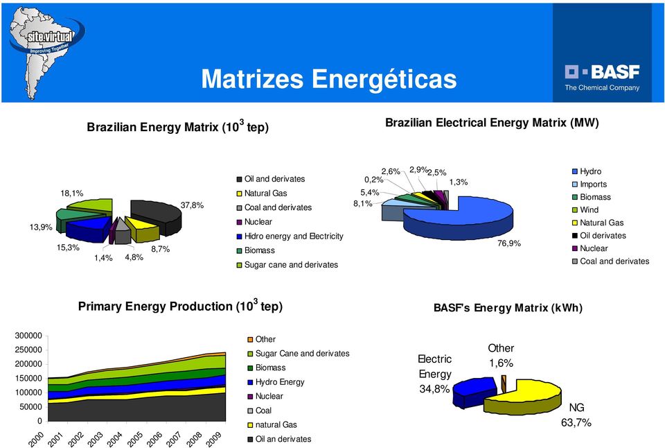 Gas Oil derivates Nuclear Coal and derivates Primary Energy Production (10 3 tep) BASF's Energy Matrix (kwh) 300000 250000 200000 150000 100000 50000 0 2000 2001 2002