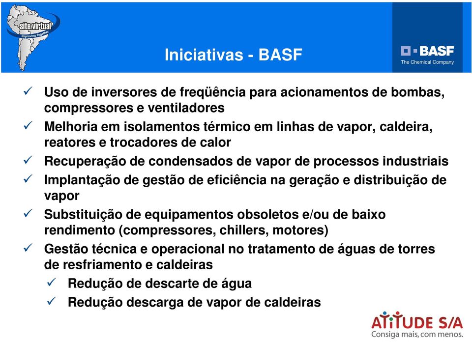 eficiência na geração e distribuição de vapor Substituição de equipamentos obsoletos e/ou de baixo rendimento (compressores, chillers, motores)