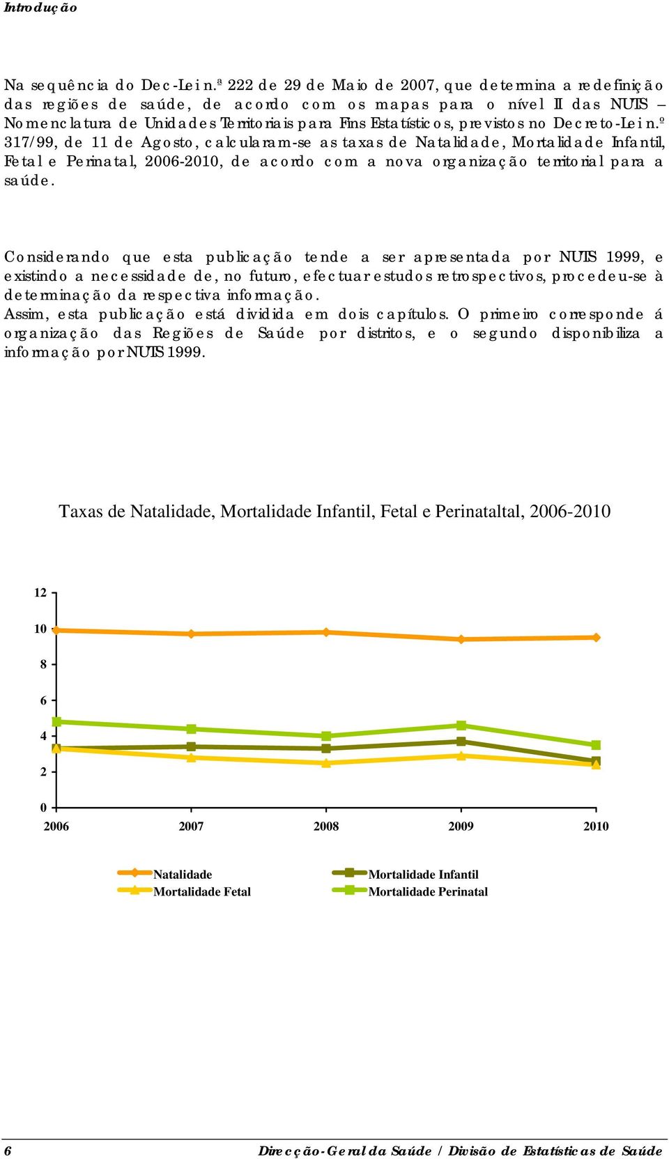 no Decreto-Lei n.º 317/99, de 11 de Agosto, calcularam-se as taxas de Natalidade, Mortalidade Infantil, Fetal e Perinatal, 2006-2010, de acordo com a nova organização territorial para a saúde.
