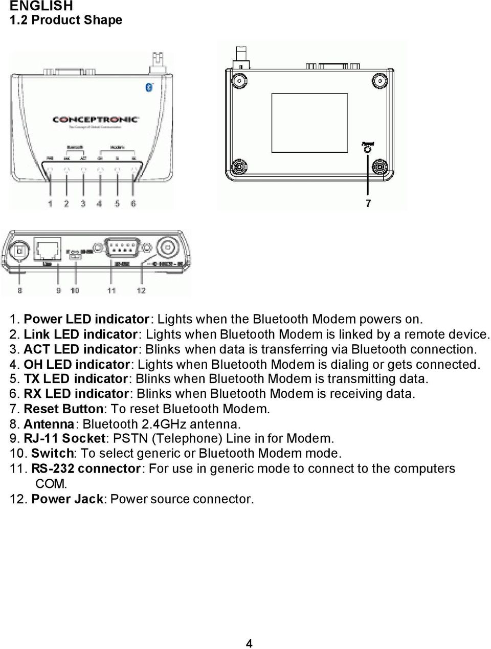 TX LED indicator: Blinks when Bluetooth Modem is transmitting data. 6. RX LED indicator: Blinks when Bluetooth Modem is receiving data. 7. Reset Button: To reset Bluetooth Modem. 8.