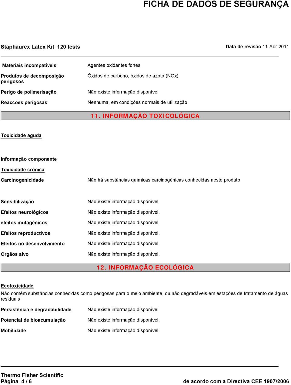 INFORMAÇÃO TOXICOLÓGICA Toxicidade aguda Informação componente Toxicidade crónica Carcinogenicidade Não há substâncias químicas carcinogénicas conhecidas neste produto Sensibilização Efeitos