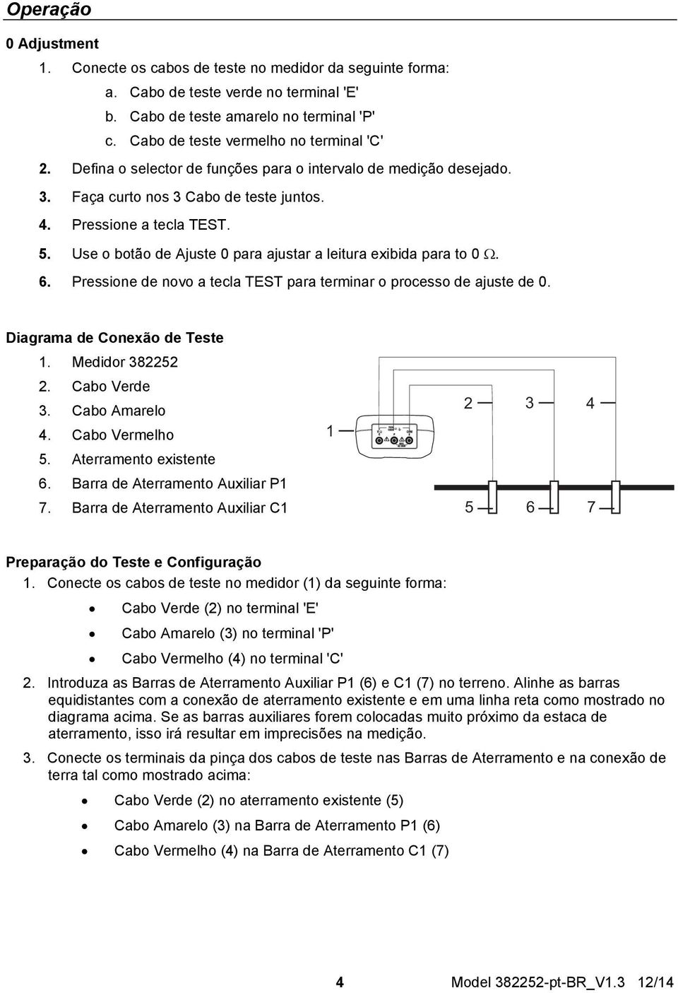 Use o botão de Ajuste 0 para ajustar a leitura exibida para to 0 6. Pressione de novo a tecla TEST para terminar o processo de ajuste de 0. Diagrama de Conexão de Teste 1. Medidor 382252 2.