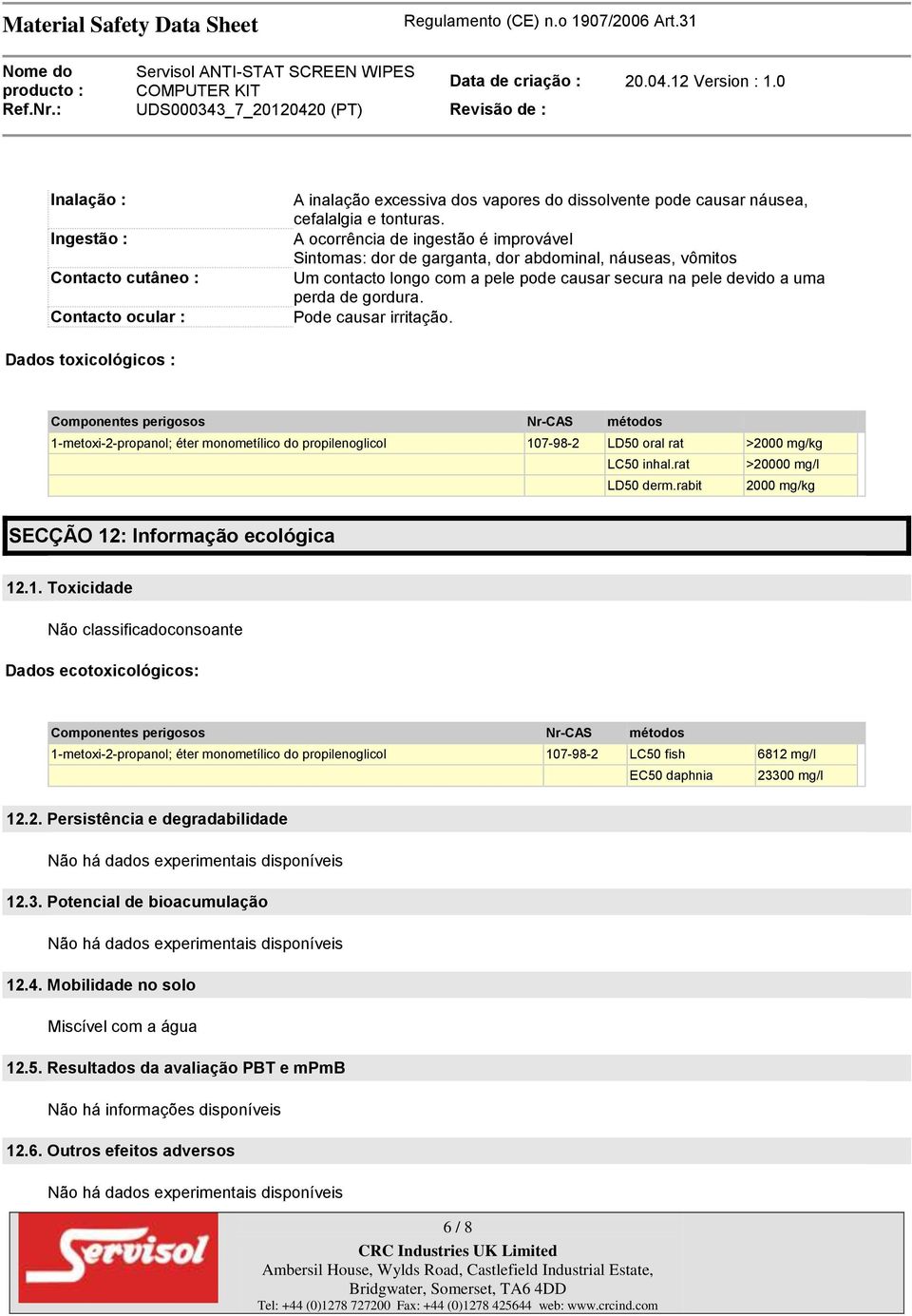 Pode causar irritação. Dados toxicológicos : Componentes perigosos Nr-CAS métodos 1-metoxi-2-propanol; éter monometílico do propilenoglicol 107-98-2 LD50 oral rat >2000 mg/kg LC50 inhal.